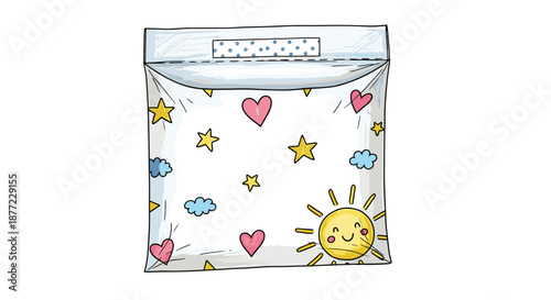 Whimsical poly mailer with sun, hearts, and stars design isolated on white background