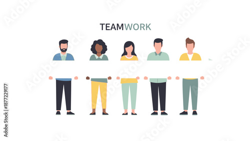 Illustration of a diverse group of people standing together in a line, celebrating teamwork and unity with a happy mood against a clean white background.