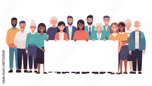 Diverse group of people standing together, holding a large blank white board or frame in a colorful illustration with a happy and celebratory mood.