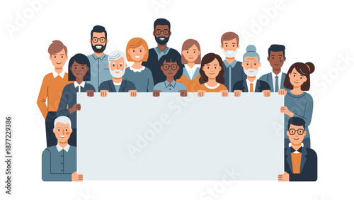 Diverse group of people standing together behind a large blank white board or frame, illustration in a flat style with a happy and celebratory mood.