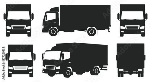 A collection of various truck designs presented in a flat black and white silhouette