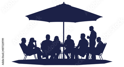A dark silhouette of people seated around a table under a large umbrella silhouette