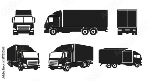 Various perspectives of commercial trucks illustrated in a stark black and white silhouette