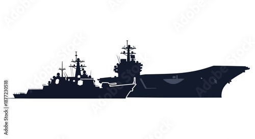 A striking black silhouette of a large naval aircraft carrier at sea detailed silhouette