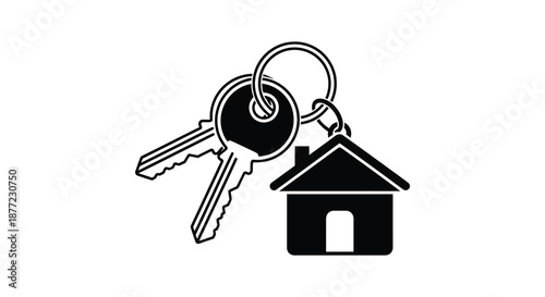 A black and white illustration depicting keys and a house representing homeownership as a silhouette