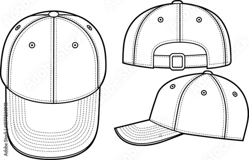 Baseball cap multiple view technical illustration, clean cad drawing flat vector design for apparel fashion manufacturing specification use