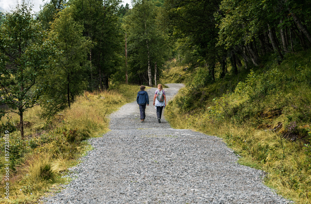 Obraz premium A mother and her son walk along a gravel path in Innerdalen Valley, Norway. They enjoy hiking and spending quality time together in nature surrounded by trees and hills. 