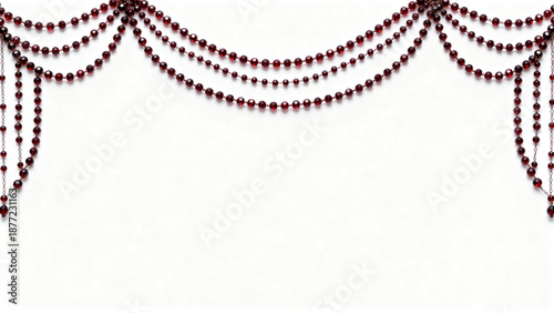 Red beaded curtain draped in an elegant arch against a white background