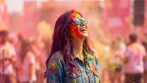 Wallpaper Mural A joyful young woman covered in vibrant colors celebrating the Holi festival, laughing with sunglasses on amidst a crowd. Torontodigital.ca
