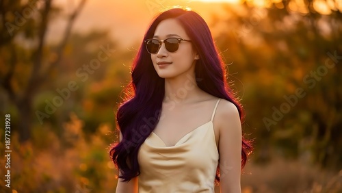 Wallpaper Mural Stylish woman with purple hair and sunglasses enjoying a golden sunset outdoors. Torontodigital.ca