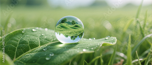 Crystal water drop green leaf reflection hills landscape nature environment sustainability ecology fresh dew purity biology conservation morning light