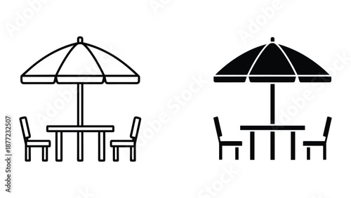 Outdoor Patio Umbrella Table Set Vector Illustrations