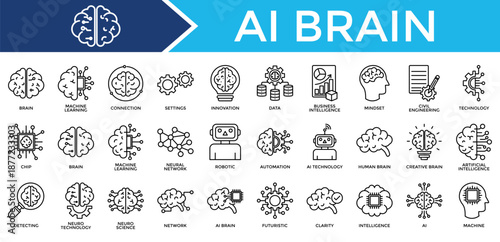 Ai Brain icon set collection. Containing organ, mind, think, intelligence, touch, brain, knowledge .Line vector icons collection