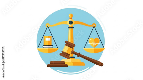 Scales of justice with book and heart gavel and legal balance concept flat vector illustration for law and ethics