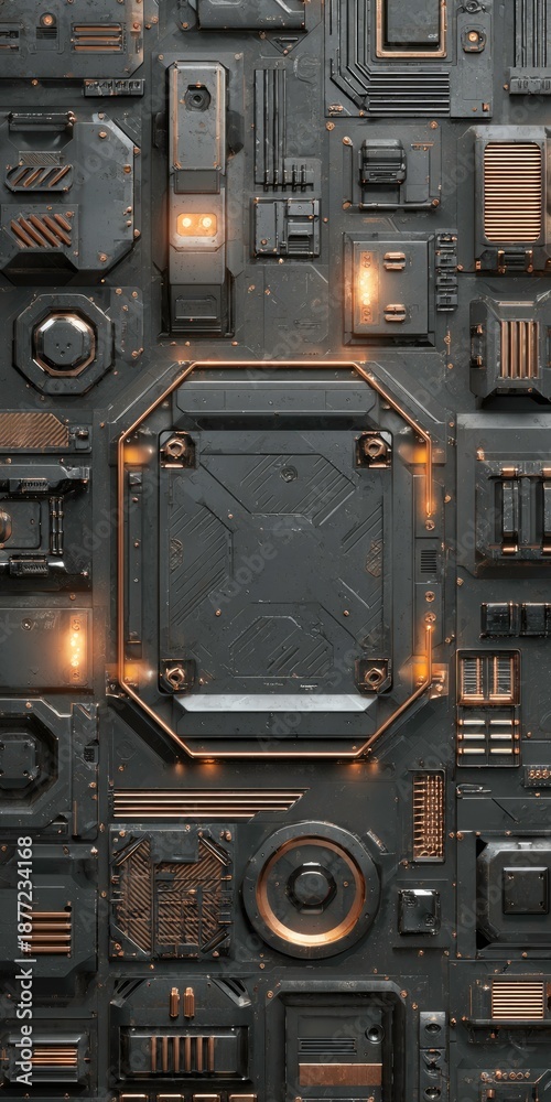 Fototapeta premium Futuristic dark metal panel texture, industrial design