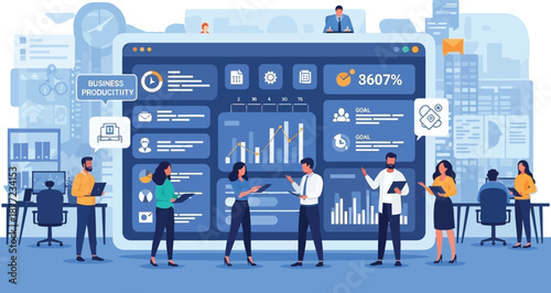 Business professionals stand before a massive digital dashboard displaying numerous charts, graphs, and performance metrics.