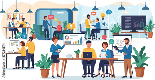 Diverse group of colleagues collaborate on projects within a modern, open-concept office environment.