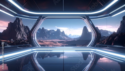 Futuristic room with a vast window overlooking a Martian landscape