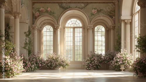 Luxury Palace hall Interior with large windows and walls decorated pink roses and flowers compositions. Wedding background. Classic castle interior
