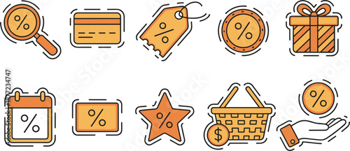 Set of orange shopping discount icons featuring percentage tags gift boxes credit cards and sale promotion marketing symbols.
