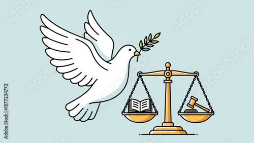 White dove with olive branch flying towards scales of justice holding a book and gavel symbolizing peace and law vector illustration