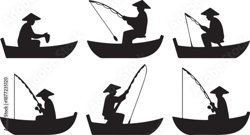 Fisherman in Boat Silhouettes Set Black Vector Collection Traditional River Fishing Icons, black and white silhouette, vector and illustration	