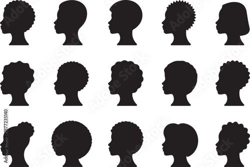 African Woman Head Silhouette Set Black Vector Collection, black and white silhouette, vector and illustration	