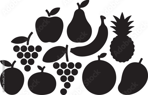 Fruit silhouettes set, black vector icons collection, apple, pear, banana, grapes, pineapple, mango and assorted fruits, black and white silhouette, vector and illustration	