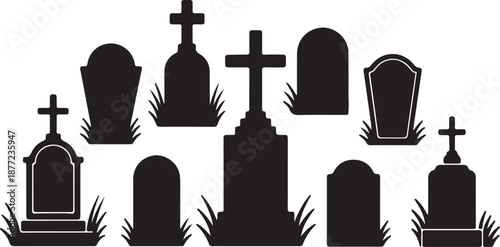 Gravestone Silhouettes Set Black Vector Icons Collection, black and white silhouette, vector and illustration	