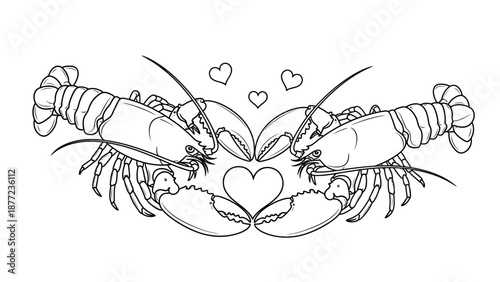Two lobsters facing each other, forming a heart shape with their claws, surrounded by smaller hearts, in a detailed line art drawing.