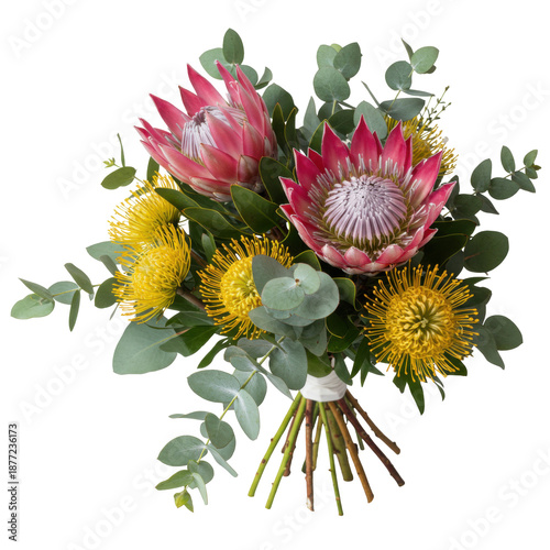 Exotic protea and leucospermum bouquet with eucalyptus foliage arrangement isolated on white background
