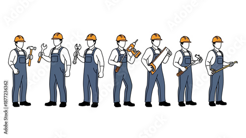 Seven male construction or maintenance workers in overalls and hard hats, each holding a different tool, standing in a line.