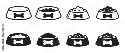 Dog Food Bowl Icons. Empty, Full, Dry Kibble, Variety of Fill Levels.