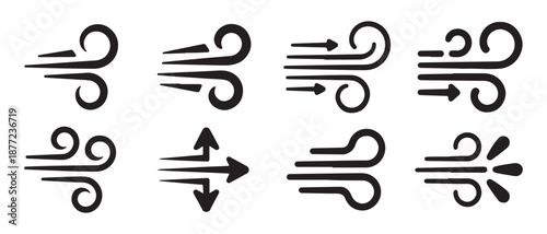 Wind Icons Set. Air Flow Symbols, Breeze, Gale and Draft Illustrations.