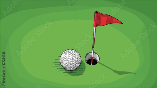 A golf ball resting near the hole with a red flag on a green putting course, ready to be putted in.