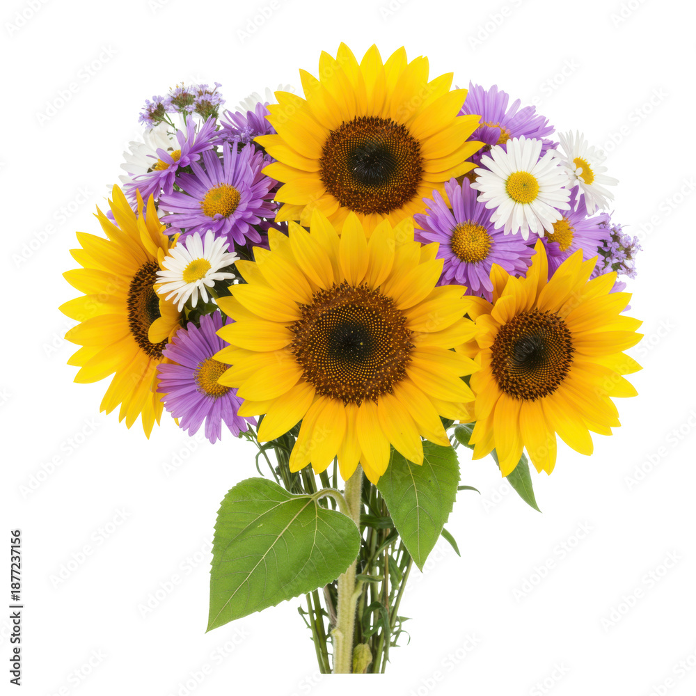 Fototapeta premium Vibrant bouquet of sunflowers, daisies, and asters in full bloom isolated on white background