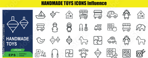 Set of Handmade Toy in Outline Style on White Background handmade toys wooden toys