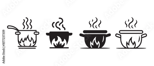 Collection of cooking pot icons with flames and steam, ideal for kitchen and food related designs.