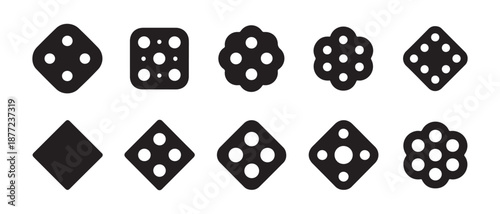 A diverse collection of dice pips and dot patterns presented as black icons on white.