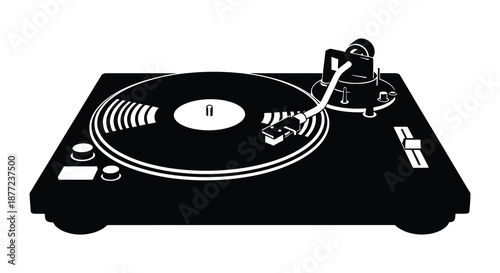 A striking black and white image depicting a vintage turntable in a bold silhouette