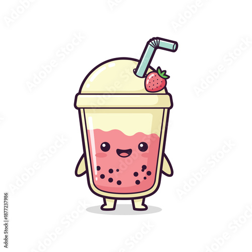 Cartoon strawberry milkshake character with straw and smiling face on white background