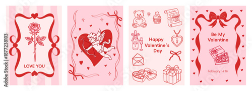 
Four different Valentine's Day card templates, featuring elements such as roses, angels, and gift boxes, suitable for posters, wedding invitations, menus, celebrations, brand promotions