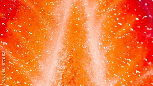 Ultra-close macro of juicy strawberry texture with fine pulp, natural moisture, and glossy highlights, representing fresh skincare ingredients, gentle exfoliation, hydration, smooth radiant skin.