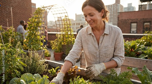 Woman gardening at a community rooftop urban farm, growing fresh organic vegetables and demonstrating sustainable city life and local food production