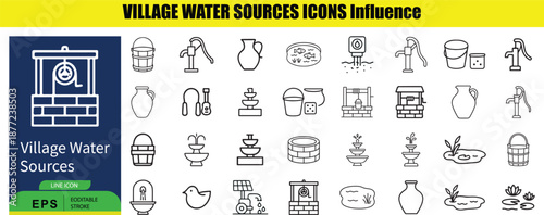 Set of Outline Depicting Village Water Sources and Containers outline village water sources