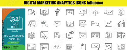 Set of digital marketing analytics in outline style line PPC