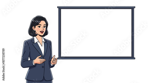 Professional woman in a business suit presenting next to a blank projector screen, ready for content.