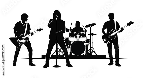 A captivating band performance with a singer guitarists and drummer in a striking silhouette