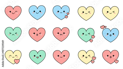 A set of cute, colorful heart characters with various kawaii expressions, arranged in rows on a white background, conveying a sense of love and Valentine's Day cheer in a playful, iconic