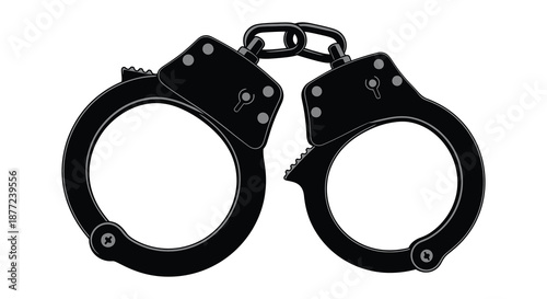 A stark depiction of black metal handcuffs representing restraint and justice in silhouette